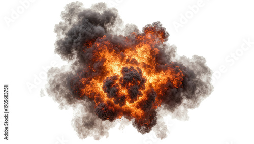 Fényképezés Intense fiery explosion with dark smoke clouds, isolated on transparent backgrou