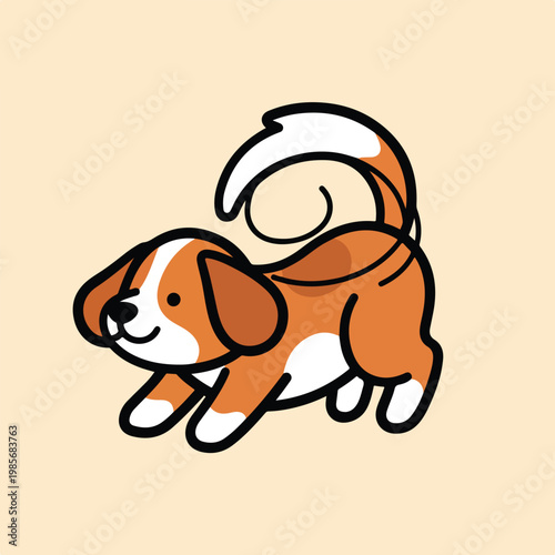 A cute cartoon puppy in a playful bowing position with a curled white tail tip
