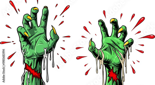 Zombie hands reaching up in comic book style, green monster hands with sharp yellow claws and blood splatters, undead creature limbs vector