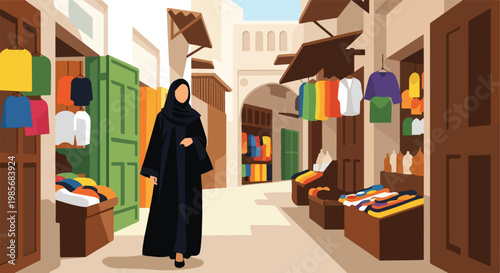 A woman in a black abaya walks through a colorful, sunlit Middle Eastern market