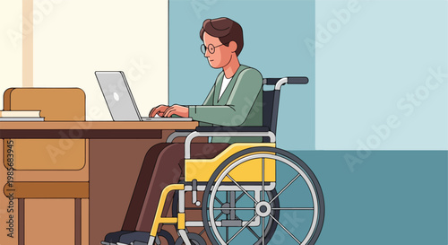 A person in a wheelchair working on a laptop at a desk in a modern office space