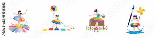 Set of playful vector illustrations featuring young girls in vibrant rainbow tutus, dancing, holding balloons, painting, and posing in magical settings.