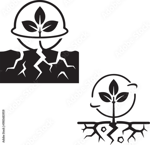 Illustrations of a seedling growing from cracked earth under a protective dome symbolizing sustainable agriculture and environmental protection initiatives, symbolizing growth and preservation