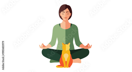 A woman in a green shirt sits in a cross-legged yoga pose with a seated orange cat