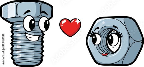 Cartoon bolt and nut characters in love, funny industrial hardware mascots with red heart, romantic metal fastener couple vector illustration