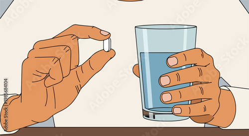 A pair of hands holding a single white medical pill and a glass of fresh water
