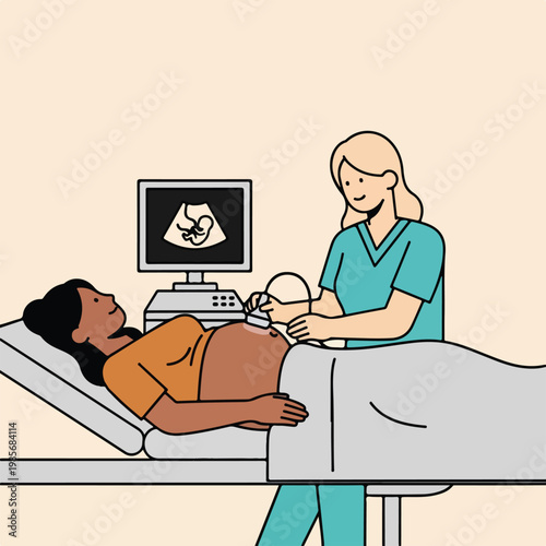 A doctor performs an ultrasound on a pregnant patient in a medical clinic room