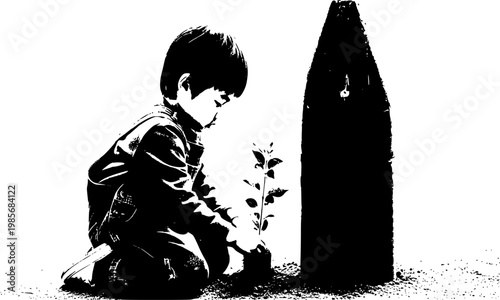 Reconciliation Peace Seedling Silhouette: Child Planting Next to Artillery Shell Vector, End of War and Recovery Concept Icon