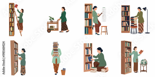 Indonesian librarian in traditional kebaya and batik working in a library, organizing shelves, using a ladder, and managing books in various poses.