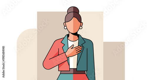 A woman in a split-color blazer with her hand over her heart in flat art style