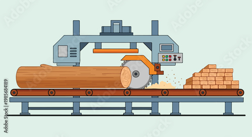 An industrial sawmill machine cutting a wooden log on a conveyor belt system