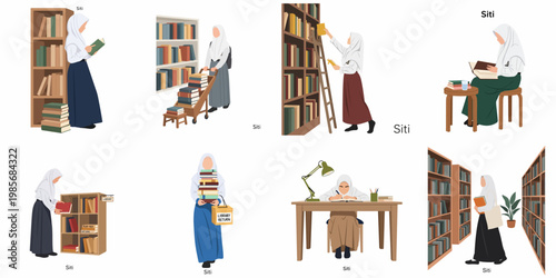 Collection of flat illustrations of a Muslim schoolgirl in a hijab engaged in various library activities like reading, shelving, and studying.