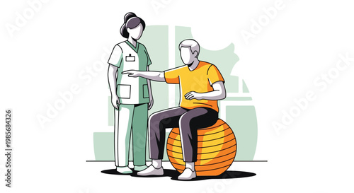 A physical therapist assists a senior man sitting on a yellow exercise ball