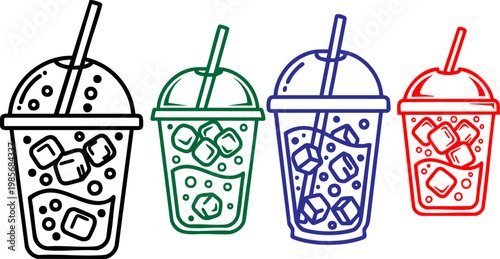 Minimalist iced coffee cup vector set, colorful soda beverage line art icons, takeaway plastic drink cups with straws and ice cubes for cafe menus