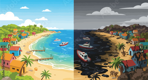 Split illustration showing a clean coastal village vs a polluted oil-spill scene