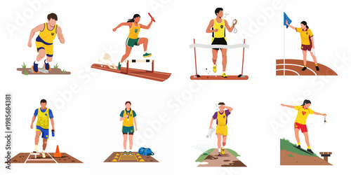Diverse Collection of Flat Vector Illustrations Featuring Athletes Participating in Various Track and Field Sports, Races, and Training Exercises