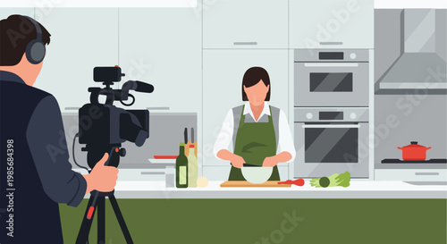A cameraman filming a woman cooking in a modern kitchen, vector illustration style