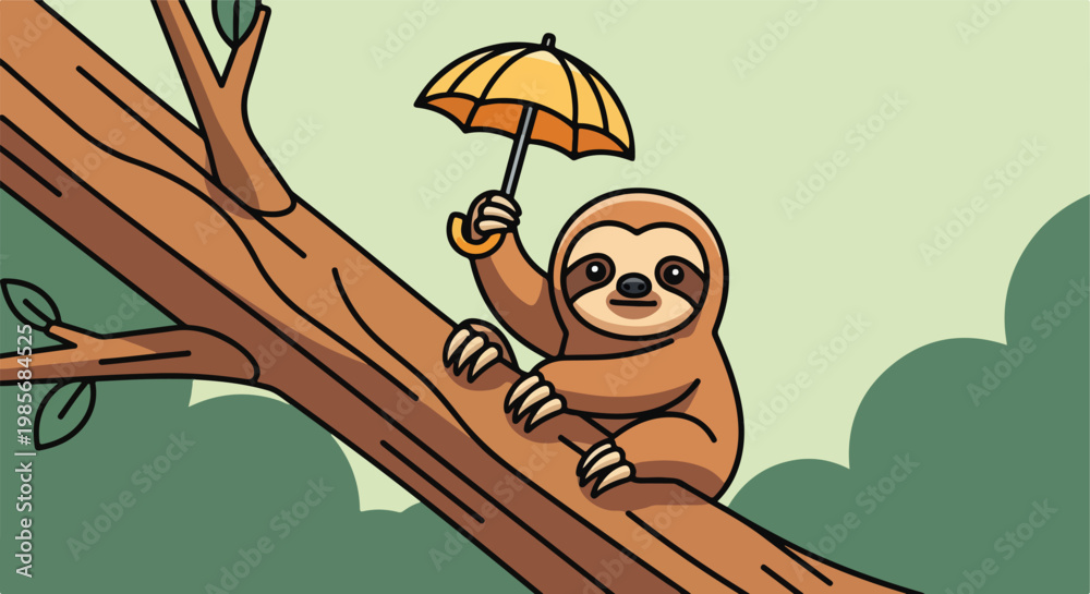 Fototapeta premium A cute cartoon sloth holds a yellow umbrella while clinging to a brown tree