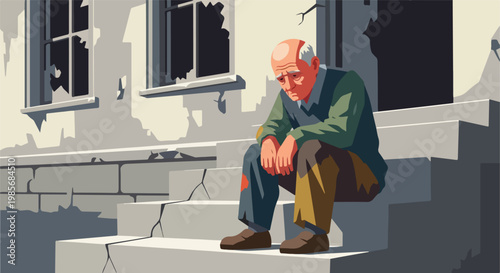 An elderly man sits alone in a slumped, dejected pose on dilapidated porch steps