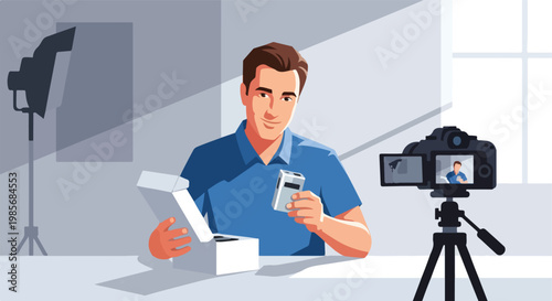 A man records a video unboxing a small electronic device using a studio camera