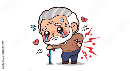 Sad elderly man with gray hair and beard crying in pain holding his back and experiencing discomfort