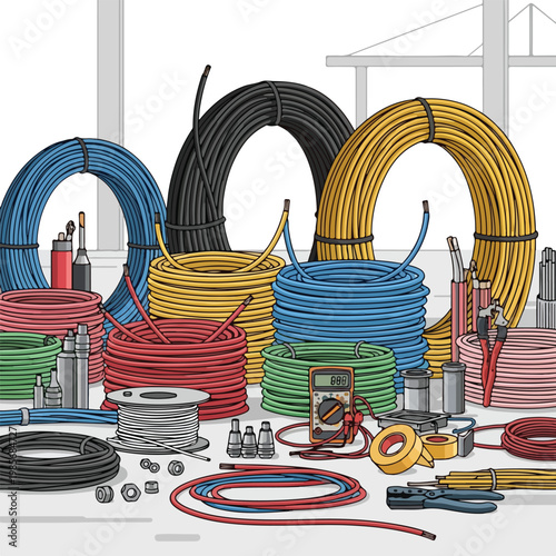 A collection of various colorful electrical wire coils, tools, and components