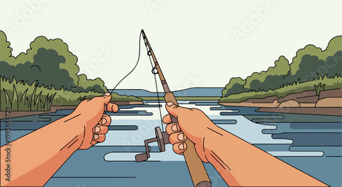First-person view of hands holding a fishing rod on a calm river with greenery