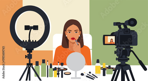 A female beauty vlogger recording a tutorial with a camera and ring light setup