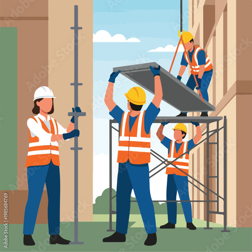 Construction workers in safety gear install building panels on a sunny workday