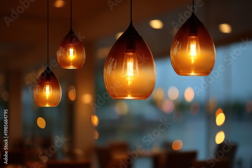 Warm glowing pendant lights hanging in a modern restaurant interior with soft evening bokeh in the background