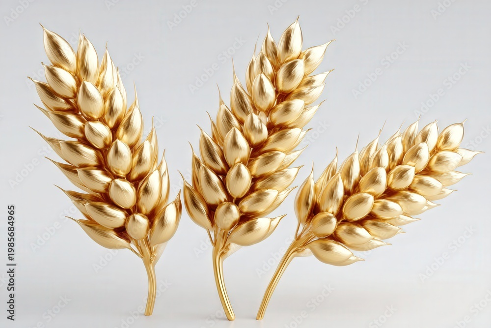 Fototapeta premium Three golden wheat ears isolated on a light background symbolizing harvest, wealth and prosperity