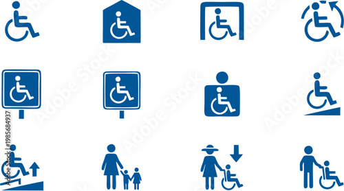 Disability Access and Mobility Assistance Vector Icons Highlighting Wheelchair Ramps, Upward Motion, and International Accessibility Standards