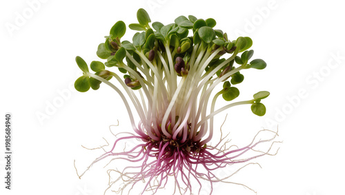 Fresh green radish sprouts with purple roots, isolated on transparent background