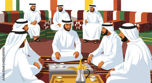 Seven men in traditional thobes sit on the floor drinking coffee in a majlis