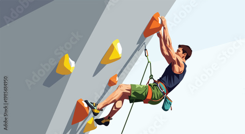 An athletic climber scales a vertical wall with colorful synthetic handholds