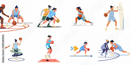 Vector illustrations of women playing basketball, featuring various poses including dribbling, defending, and training, isolated on a white background.
