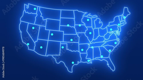 A glowing neon map of the United States with highlighted points across major locations. The blue digital style and connected markers create a modern visualization of networks, data, and nationwide con