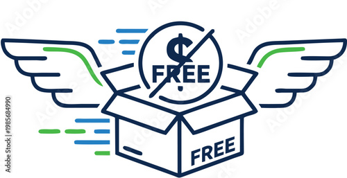 Fast Free Shipping Vector Illustration Featuring a Flying Delivery Box with Wings, No Cost Currency Symbol, and Motion Lines for E-commerce Logistics