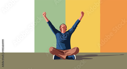 A person sits cross-legged with arms raised in a gesture of joy and celebration