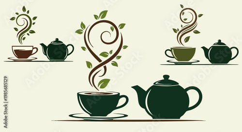 Organic herbal tea icons set, green tea cup and teapot vector illustrations, natural leaf steam swirls, healthy beverage branding elements