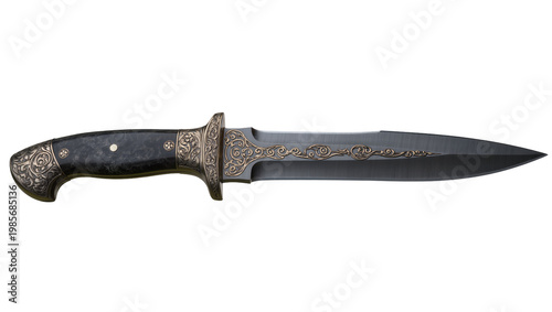 Fotografie Ornate antique dagger with dark handle and engraved blade, isolated on transpare