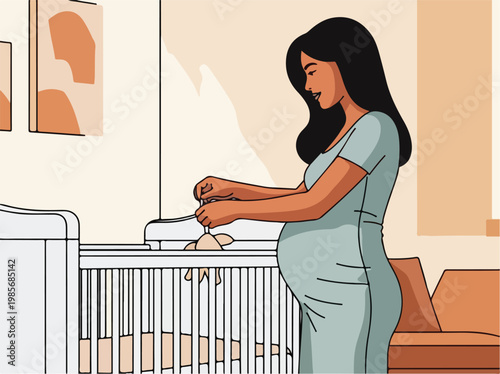 A pregnant woman preparing a nursery with a baby crib in a minimalist room setting