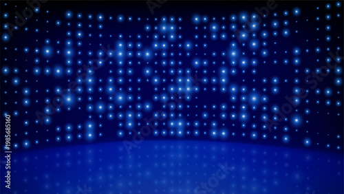 Flashing background led wall lights on stage. Blue cyan glowing dots abstract background. Tech inspired abstract backdrop. Bright flicker stage lights. Futuristic blue dot pattern. Vector illustration