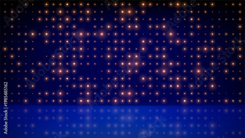 Flashing blue background led wall lights, stage. Red glowing dots abstract blue background. Tech inspired abstract backdrop. Bright flicker stage lights. Futuristic dot pattern. Vector illustration