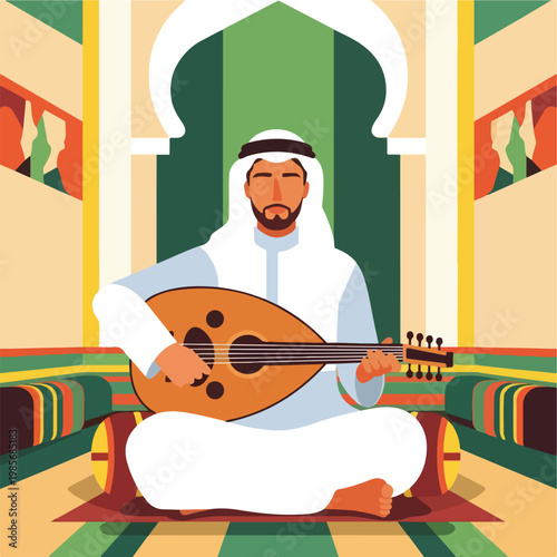 A man in traditional Middle Eastern clothing plays an oud in a decorative room