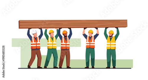 Five construction workers wearing safety gear lift a large wooden beam together