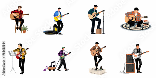Collection of flat vector illustrations featuring diverse male musicians playing acoustic and electric guitars in various creative settings and poses.