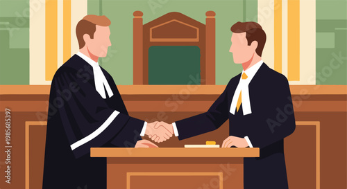 Two lawyers in black robes shaking hands inside a wooden courtroom setting