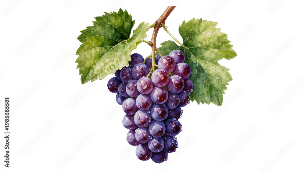 Fototapeta premium Fresh purple grapes with water droplets and green leaves, isolated on transparent background