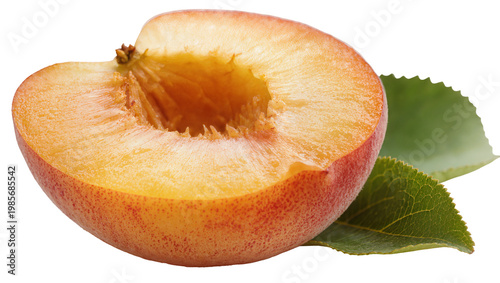 Photos Juicy halved nectarine with fuzzy skin and green leaves, isolated on transparent